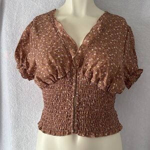 Floral Smocked Crop Top V Neck Ruffle‎ Short Sleeve Blouse